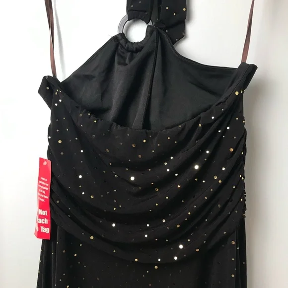 EnFocus Studio gold Sequins Asymmetrical Ruched Halter Dress Size 10 NWOT - Picture 9 of 11